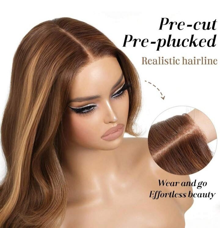 28" Golden Brown Body Wave Human Blend Wig