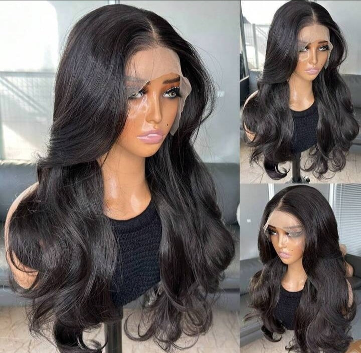 22" Black Body Wave Curtain Bangs Human Blend Lace Front Wig