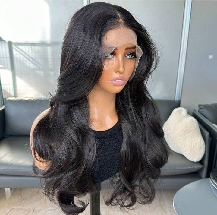 22" Black Body Wave Curtain Bangs Human Blend Lace Front Wig