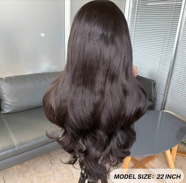 22" Black Body Wave Curtain Bangs Human Blend Lace Front Wig