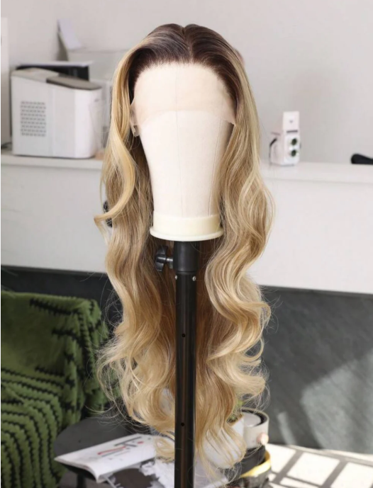 30" Golden Blonde Human Blend Wavy Wig