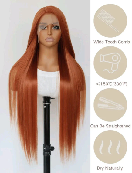 32" Deep Orange Straight Human Blend Wig